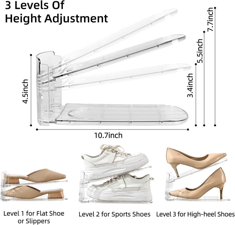 Uni HIMO 2 Pack Shoe Slots Organizer Adjustable Level Shoe Stacker Holder Storage Space Saving Sneakers Display Tray Rack for Closet (Transparent, 2Pack) - Image 3